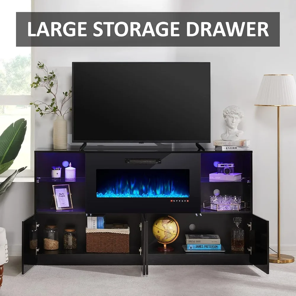 68" Fireplace TV Stand with 40" Fireplace, Modern High Gloss Fireplace Entertainment Center with LED Lights for TVs up to 78" 2
