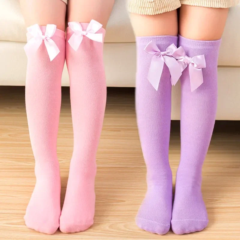 40 cm Kids Socks Big Bow Knee High Socks Soft Cotton Lace Bowknot Girls Long Tube 5-8 Years