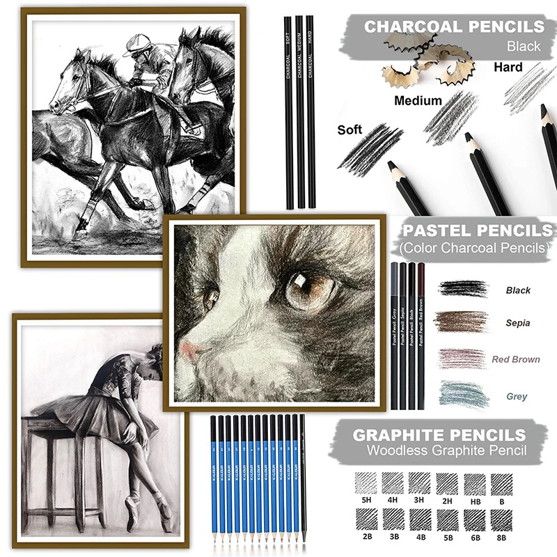 KALOUR Pro Sketching Pencil Set Iron Box or Nylon Bag High Quality School Useful Drawing Kit for Adults Teens Artists Beginners
