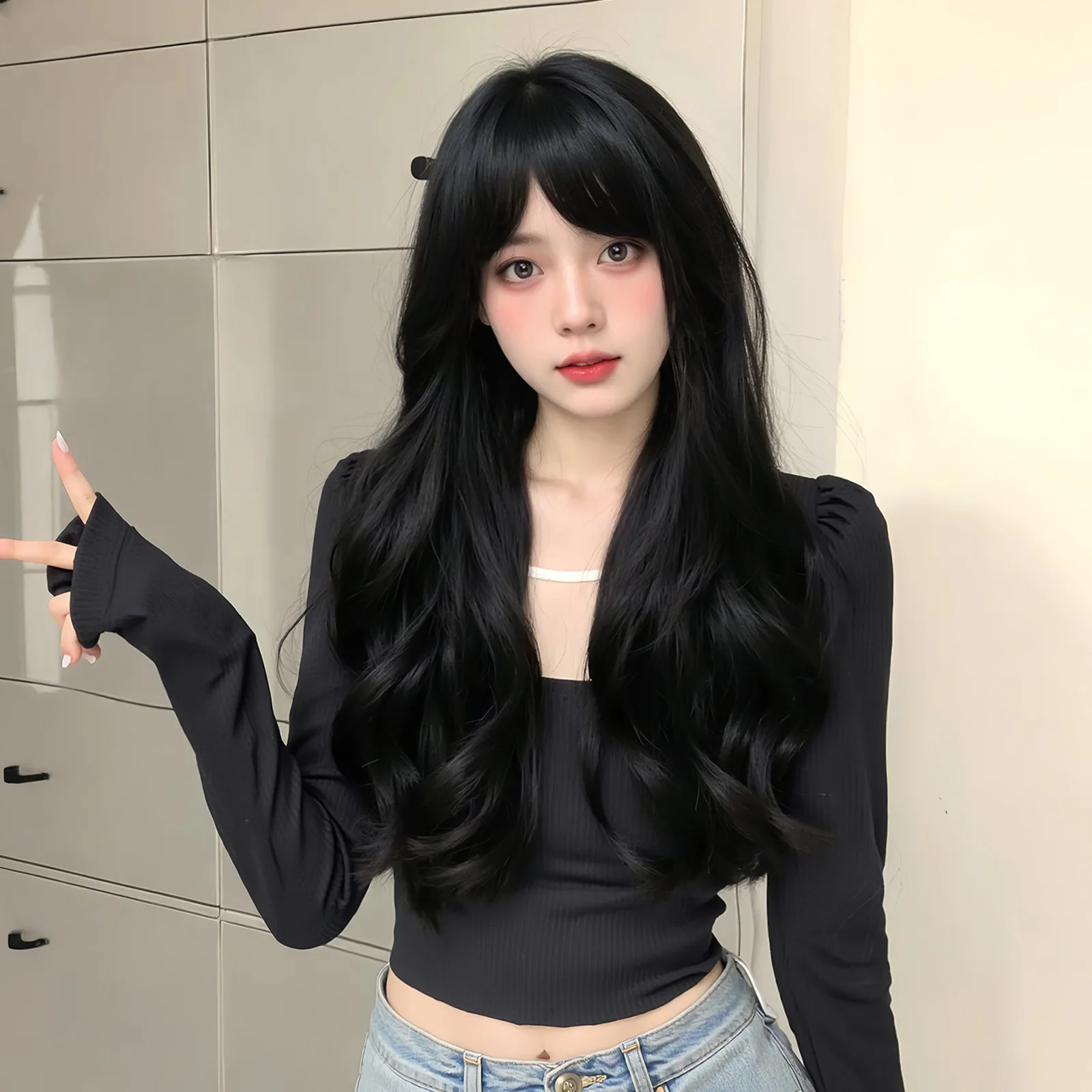 Black long wavy synthetic wig for party Halloween cosplay everyday wig, high-temperature hair accessory wig set