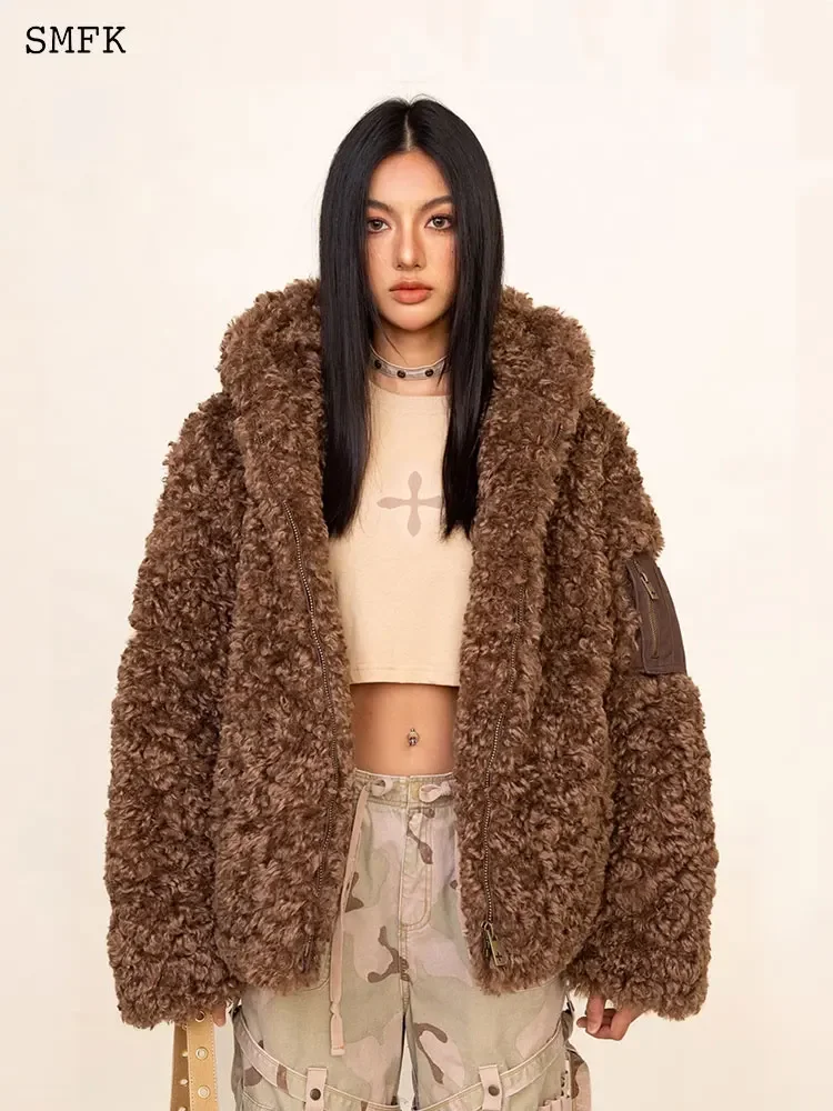 SMFK Fur Hoodie Explorer Outdoor Lamb Fleece Plush Thick Warm Jacket Women's Faux Fur Loose Casual Autumn Winter Cardigan Coat