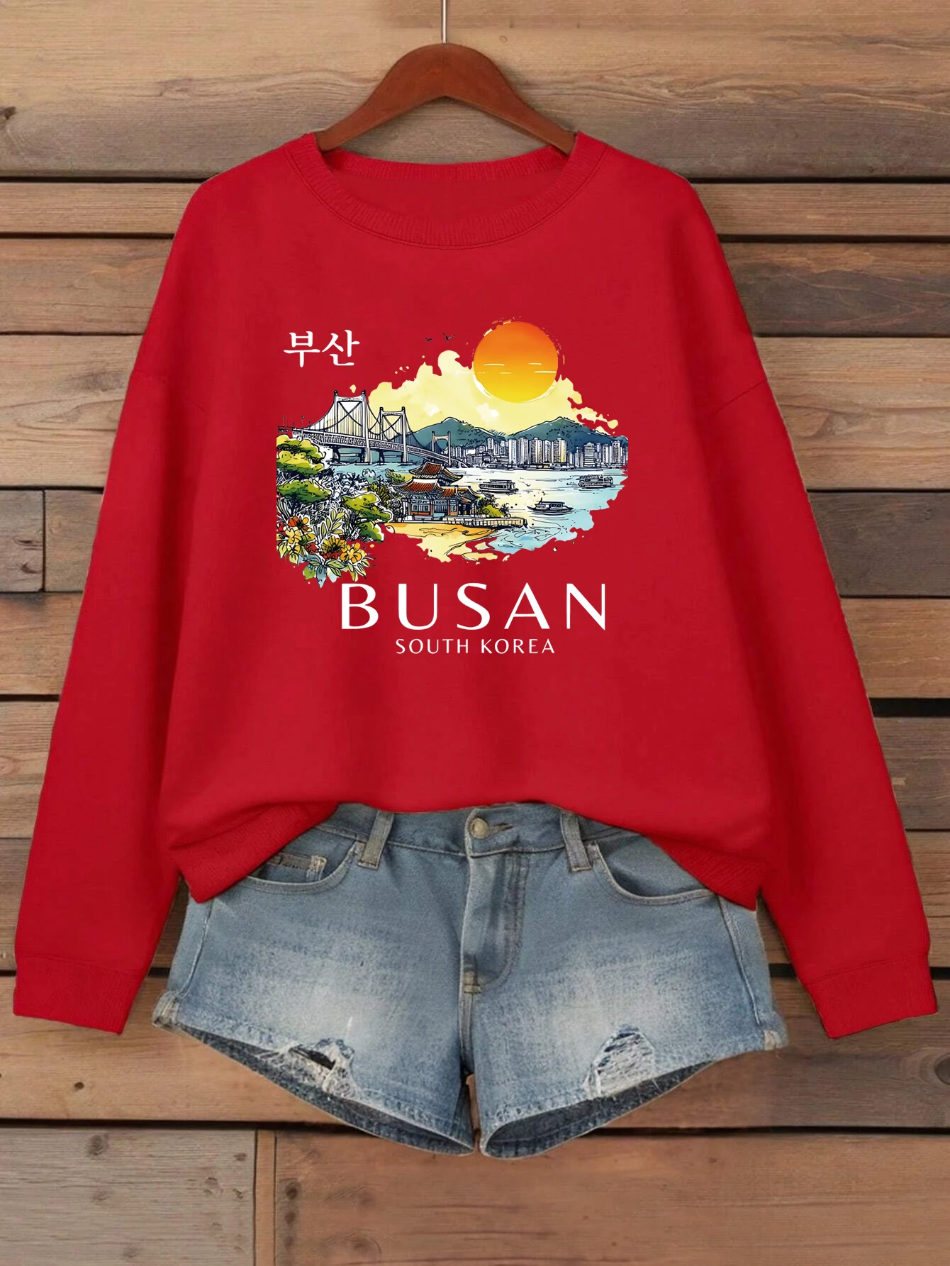 Busan Südkorea Druck Frauen Sweatshirt Fleece Bequeme Pullover Herbst Oansatz Streetwear Lose Beiläufige Frau Kleidung – Detail 14
