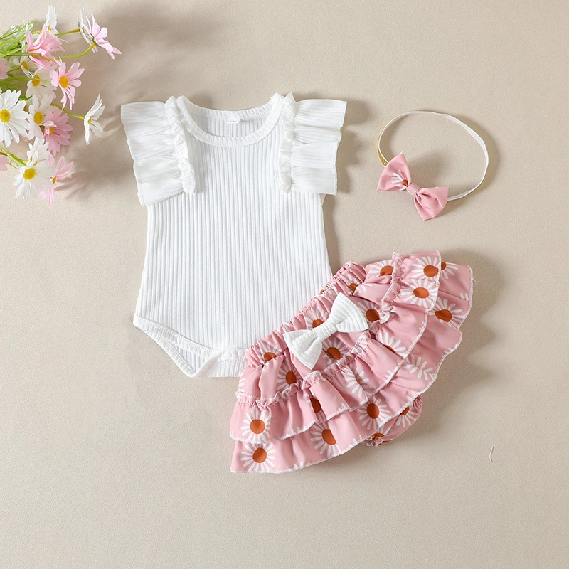 New Fashion Baby Girls Summer Outfit Sets Ruffle Sleeve Ribbed Romper + Floral Culottes + Headband 0-24 Months Hot Sale