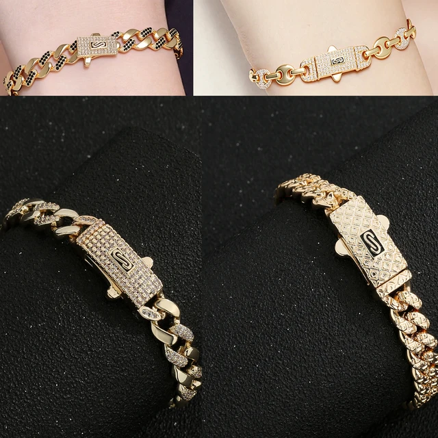Bracelet en laiton plaqué or 14 carats avec zircone et diamants noirs et blancs, chaîne d'affaires tendance pour hommes et femmes 1