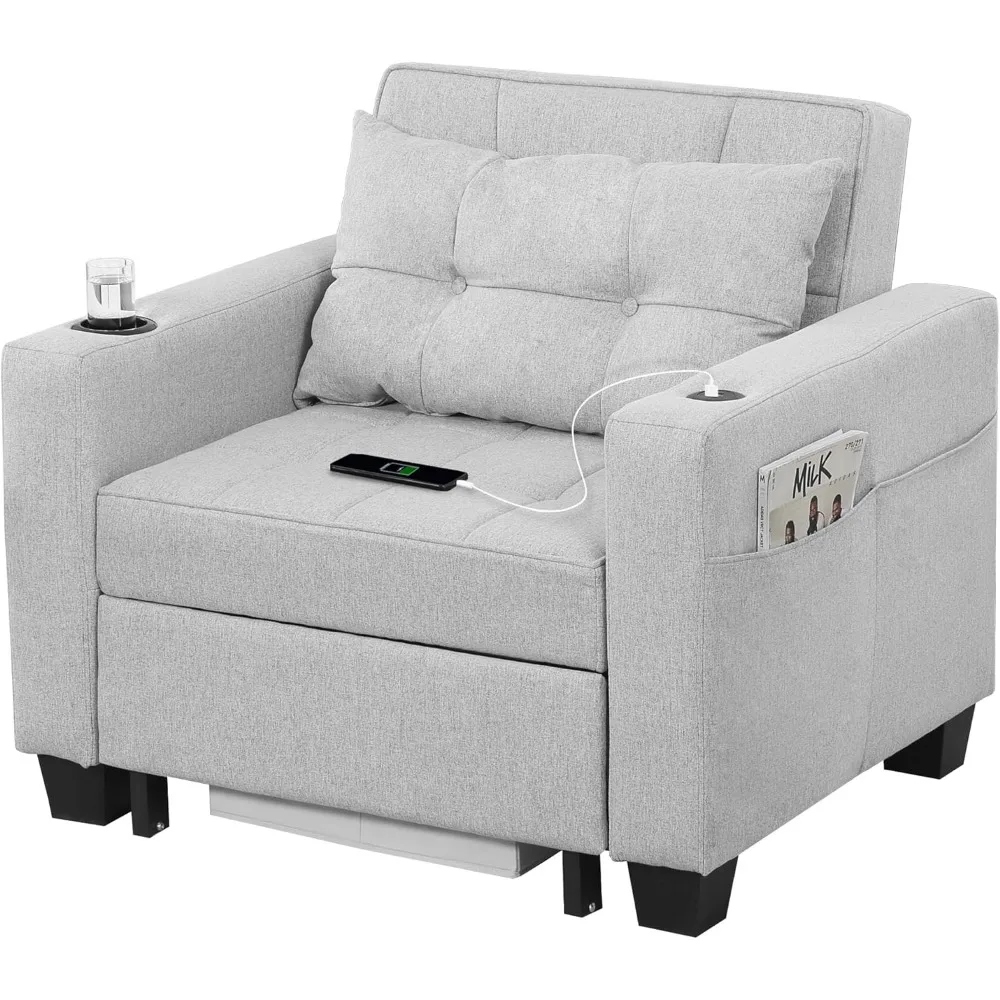 

Sofa bed with convertible three in one USB port pull-out bed, living room armchair bed (light gray linen)