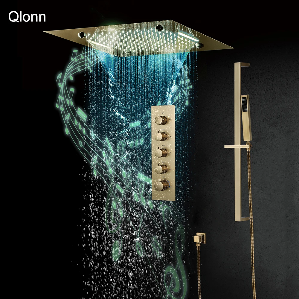 

Qlonn Luxury 20 Inch Rain Shower Head Bathroom Golden Shower Faucet Multi Functions Music Showers Panel Smart Thermostatic Mixer