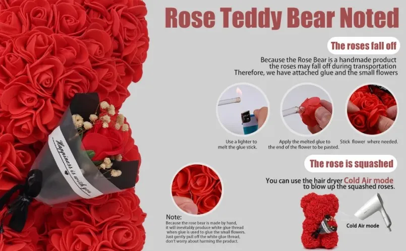 25cm Rosenbär mit künstlichem Schaumstoffblumenstrauß Romantisches Geschenk für Valentinstag und Jahrestage Keine Box enthalten – Detail 7