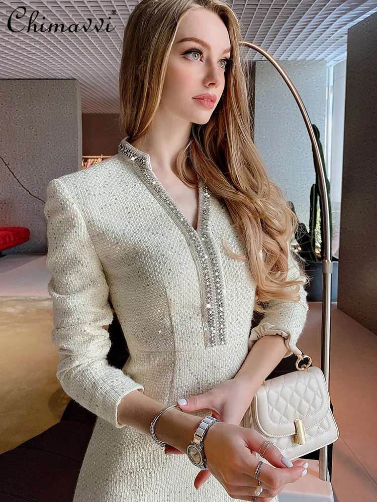 Women Dress 2024 Spring Tweed Sequined Rhinestone V-neck Long Sleeve High Waist Tight Fitting Mid-Length Dresses Office Lady new silver gold metal belt double ring imitate rhinestone lady waist belt dress suits elastic thin slim women belts waistband