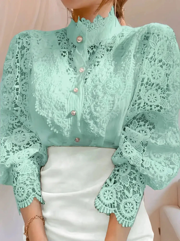 New Autumn Women's Stand-Up Collar Women's Long Sleeve Shirt Elegant Lace Casual Cardigan Large Size Blouse Four Seasons 12419