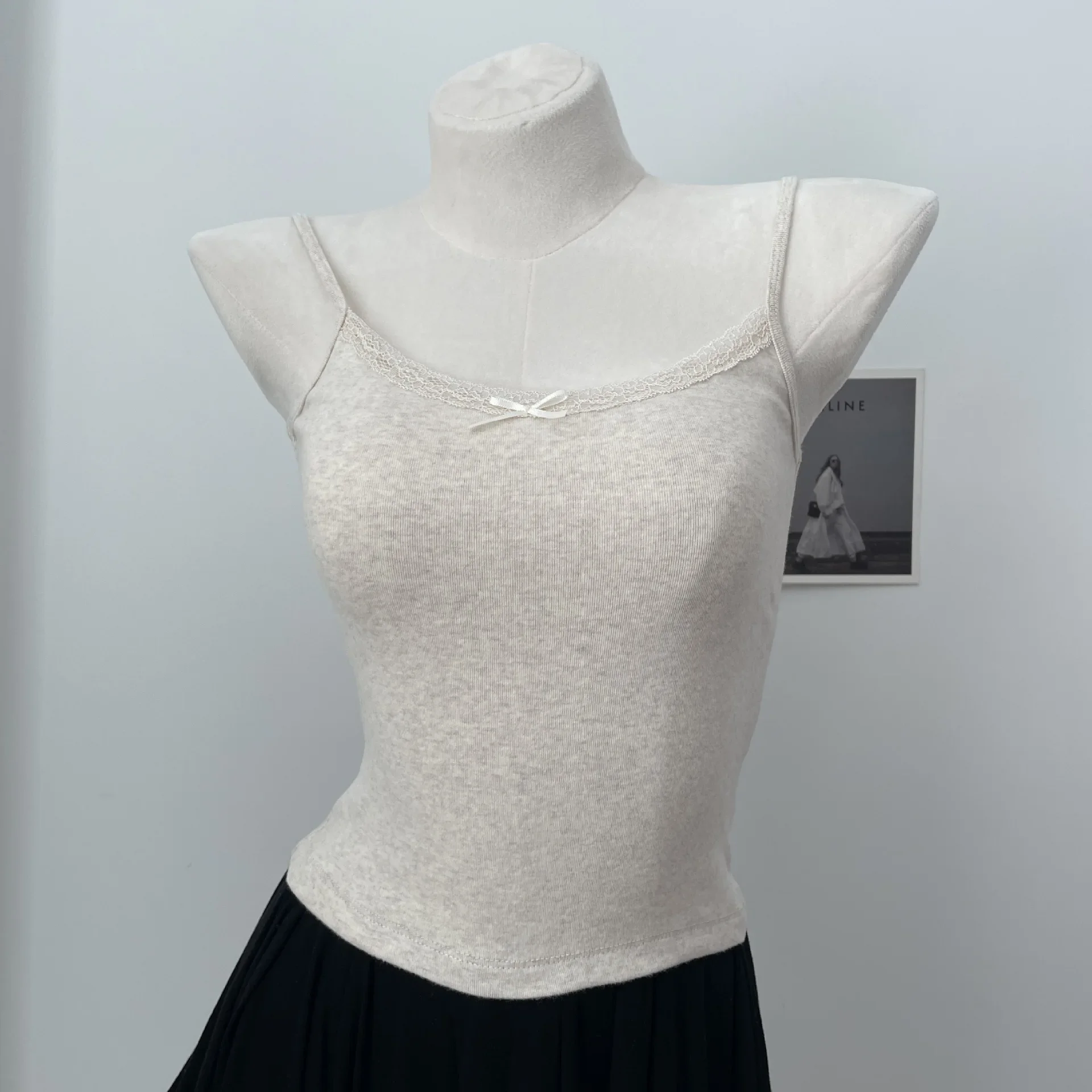Floral Eyelet Lace-Trim Bow Tank Top - Women's Slim Cotton Camisole