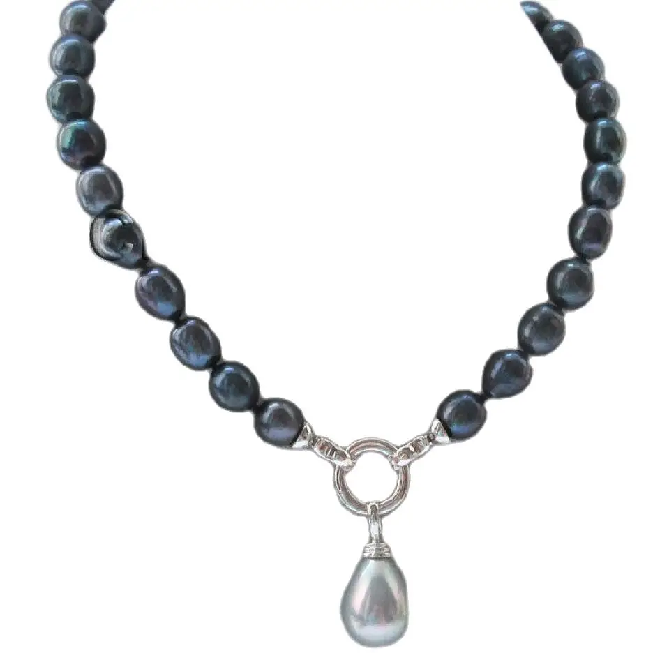 

Ожерелье из пресноводного жемчуга в стиле барокко черного цвета 18 дюймов 10-11 мм + подвеска из серой ракушки 12-15 мм