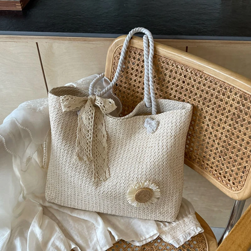 Fashion Straw Women Lace Ribbon Shoulder Bags Woven Female Handbags Large Capacity Summer Beach Straw Bags Casual Tote Purses