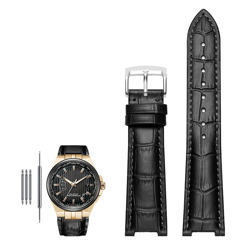 Genuine Leather Notched Watchband for Men's Watches, 24x13mm