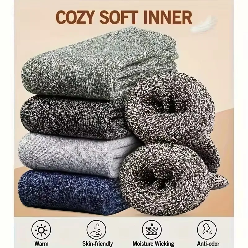3/5 Pairs Winter Socks Thick Warm Harajuku Retro Snow Casual Antifreeze Cashmere Socks Men Size 38-43