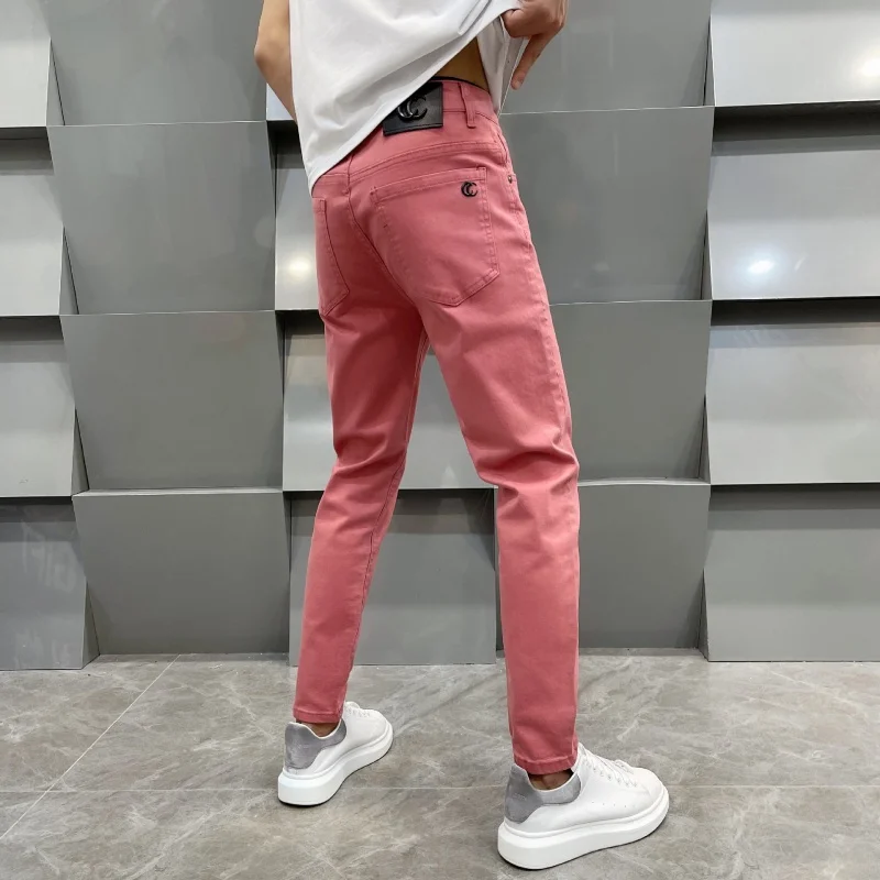 Pink jeans men's summer thin light luxury fashionable all-match stretch slim fit skinny tight pants men's solid color pants