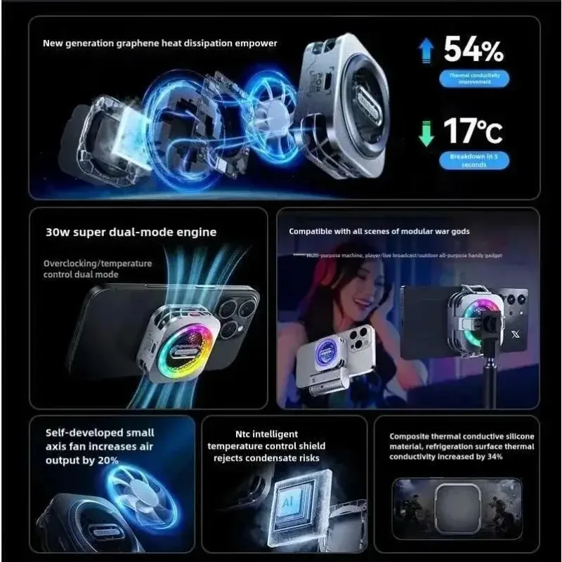 레드매직 쿨러 6 프로 30W VC 수냉 시스템 (RGB LED AI 온도 제어 마그네틱 팬 라디에이터 포함) 모바일용