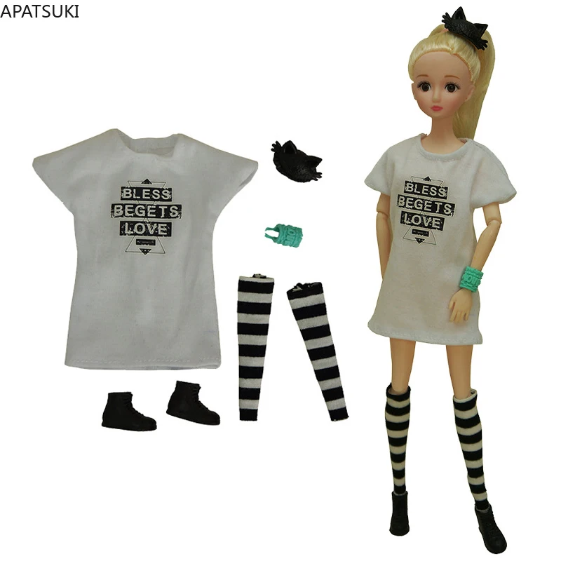 White Fashion Doll Clothes Set For Barbie Outfits 1/6 Dolls Accessories For Barbie Doll T-Shirt Dress Socks Shoes Hairwear Toys