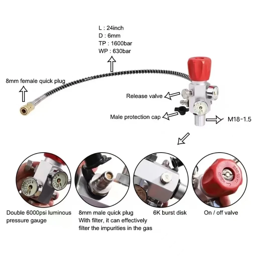 ACECARE 4500Psi 300Bar Fill Station Stainless Steel Charging Valve Dual Gauge Regulator Adapter with 24" Inch High Pressure Hose