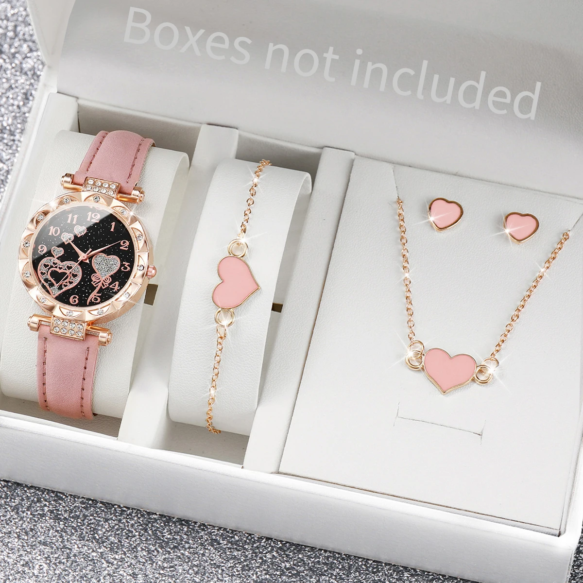 여성용 패션 라인석 하트 시계 쥬얼리 세트, 가죽 밴드, 손목시계, 쿼츠 시계, 박스 없음, 4PCs/세트 
