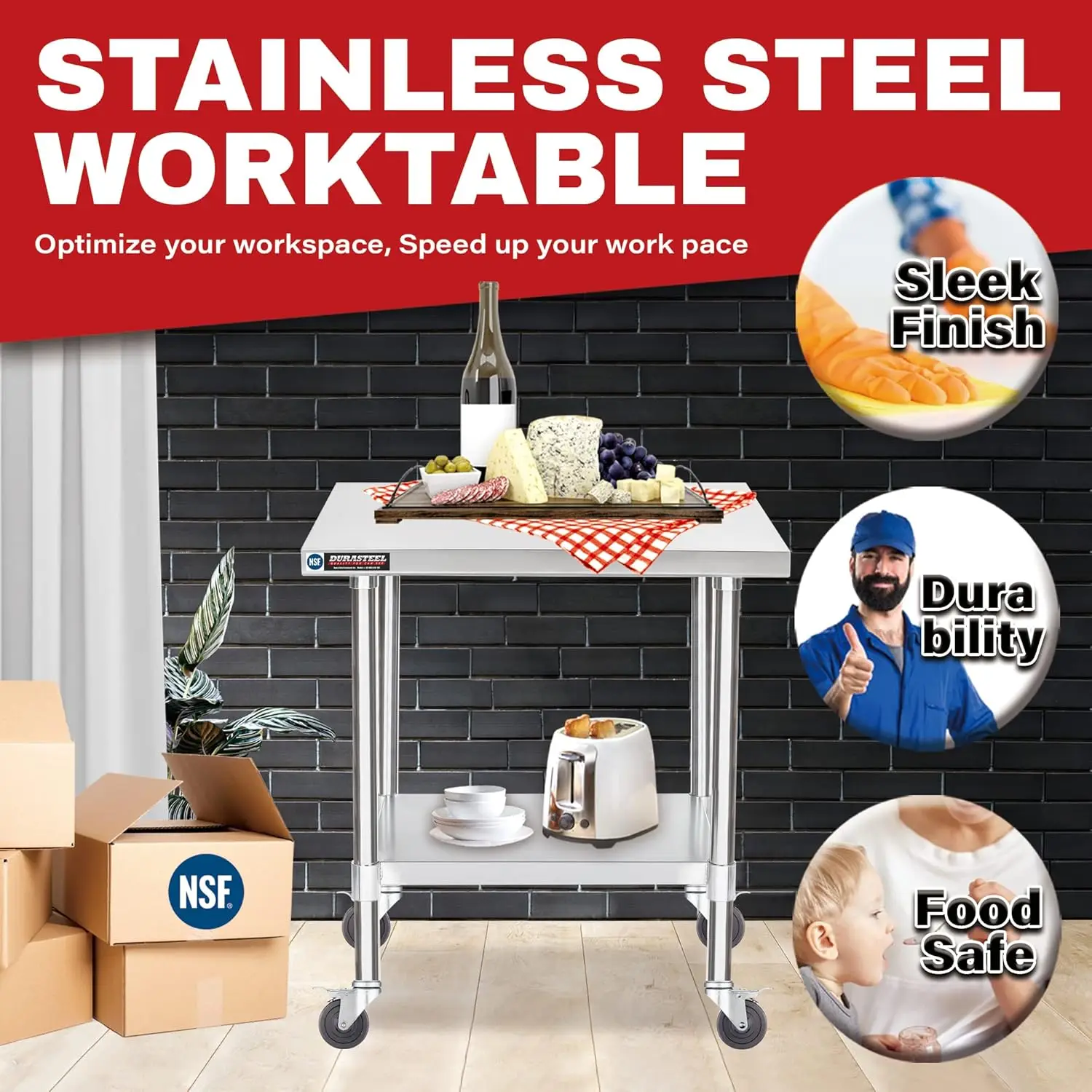 Food Prep Stainless Steel Table -30 x 24 Inch Metal Table Cart-Commercial Workbench with Caster Wheel -