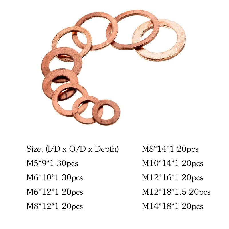 200 Pcs Copper Washer Gasket Shims Set Flat Ring Seal Assortment Kit With Box M5-M14