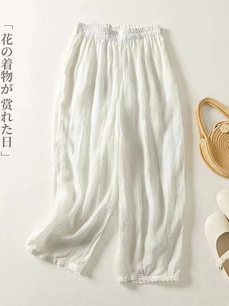 Retro Literary Lace Patchwork Women Harem Pants 2024 New Summer Solid Breathable Casual Loose Cotton Wide Leg Pants Pantalones
