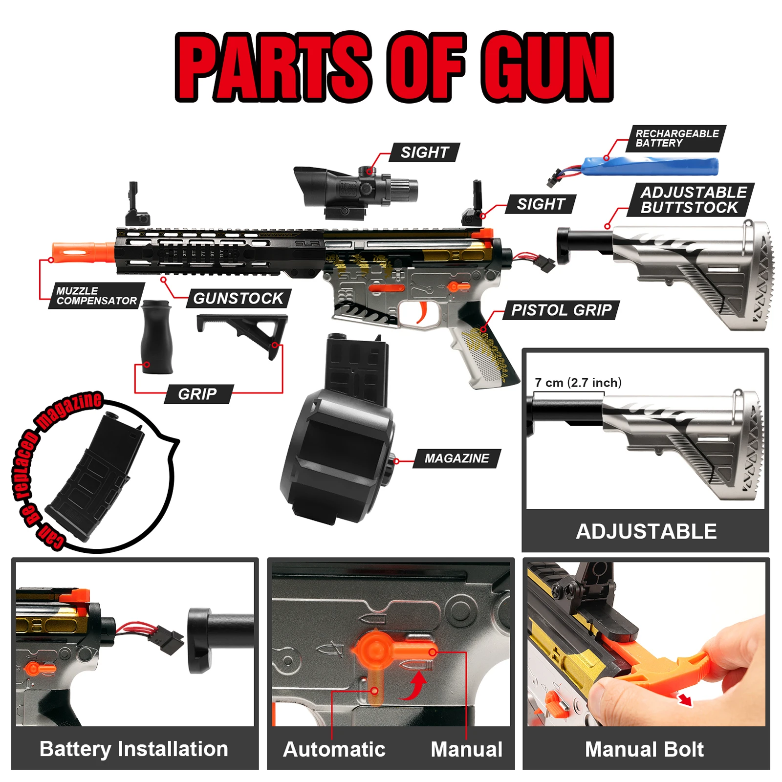 M416 High Speed Electric Gel Balls Gun Toys,Automatic&Manual Dual Modes Water Bullets Blaster,Perfect for Outdoor Games/Gifts 3