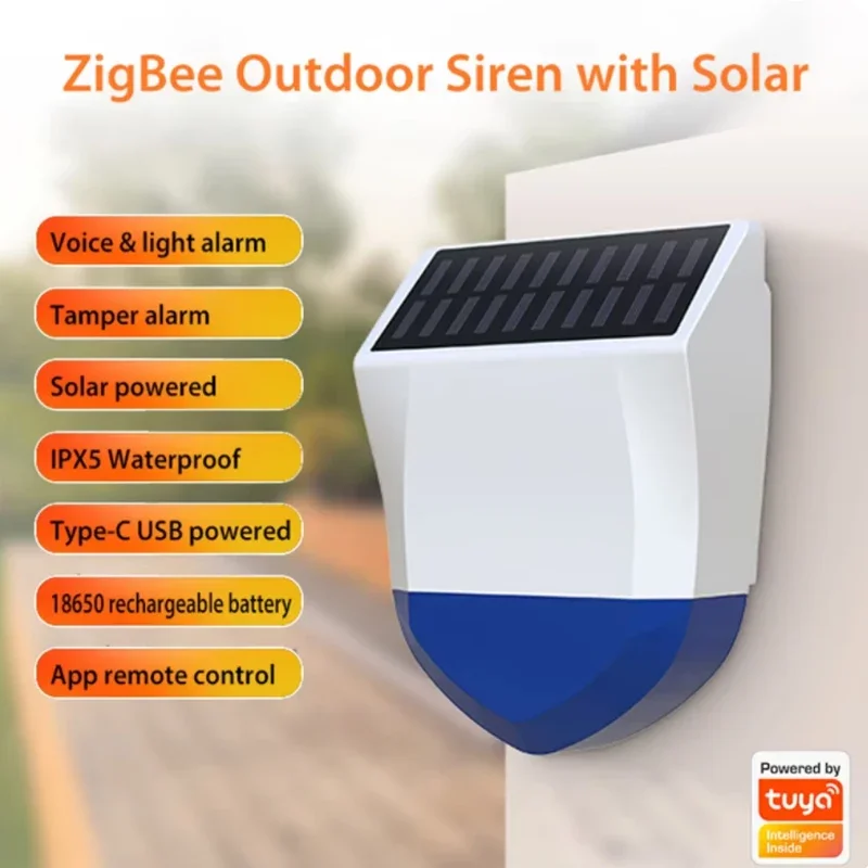 Siren Alarm Solar Siren Alarm Tuya Smart Zigbee/Wifi Outdoor Waterproof Solar/USB Power Supply 95dB Loud Remote Control IPXS Waterproof