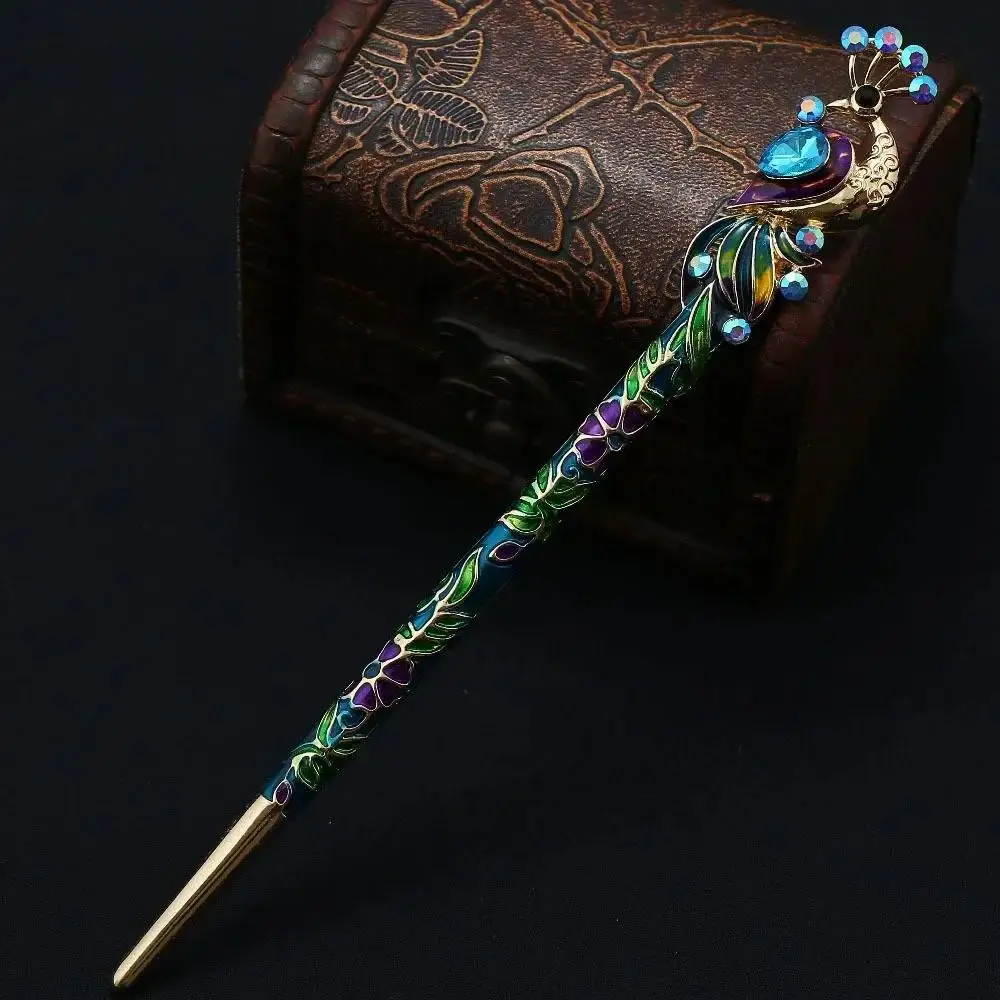 Hair Decoration Accessories Chinese Crystal Peacock Hairpin Retro Enamel Cloisonn Handmade Jewelry Travel Accessories Gifts
