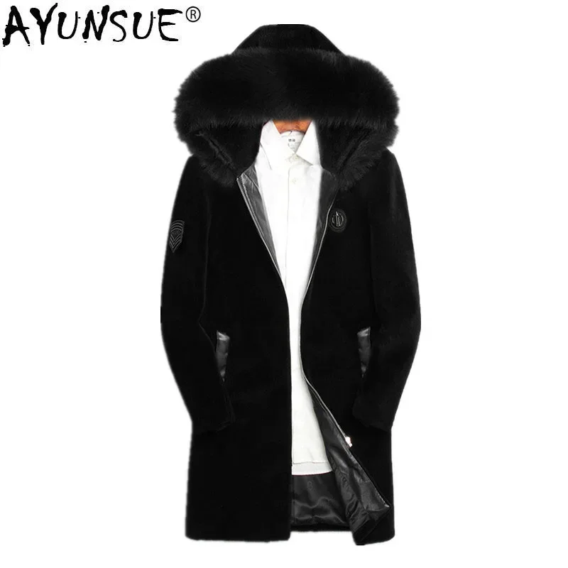 

AYUNSUE Winter Jacket Men Real Sheep Shearing Fur Coat Real Fox Fur Collar Jackets Mens Natural Wool Fur Coats LSY070079 MY730