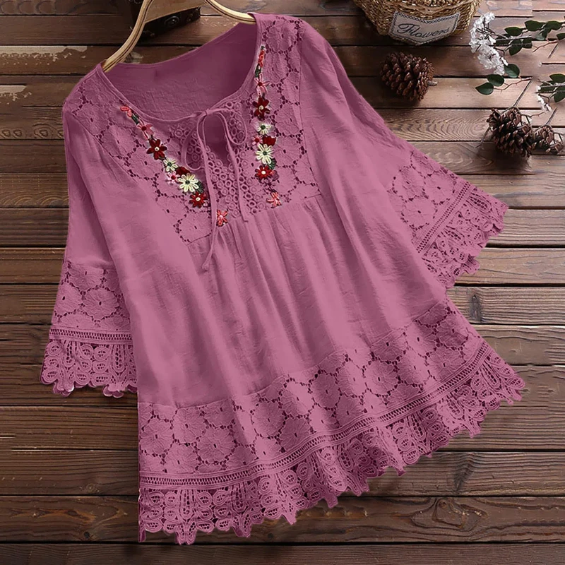 New Summer Fashion Splicing Lace Charm Elegant Lace-up Shirt V-neck Loose Women's Solid Color Top 30659a