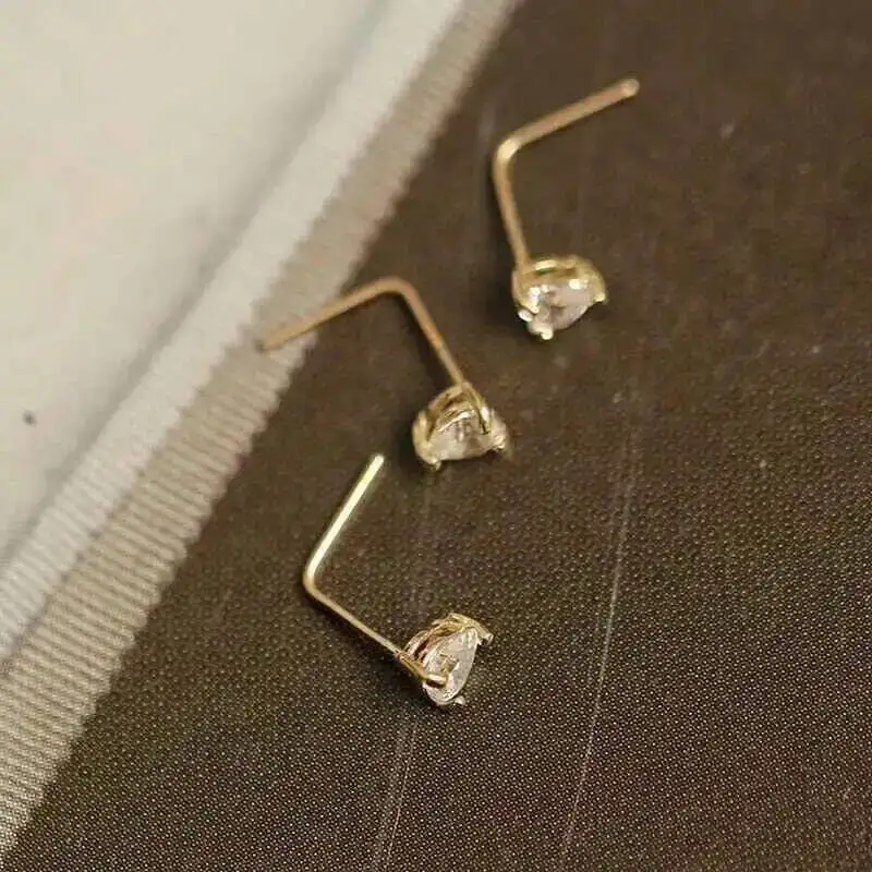14K Yellow Gold L Shape Stud, Nose, Heart, Star, Round Zircon, Piercing Jewelry for Women, Men, kj465 nose piercings