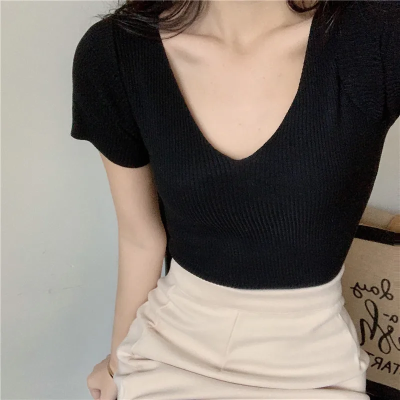 Summer Women Knitted T- Short Sleeve Pullover Tops Female Elastic Slim Casual Knit Tee Crop Tops Women's438_voghion.com