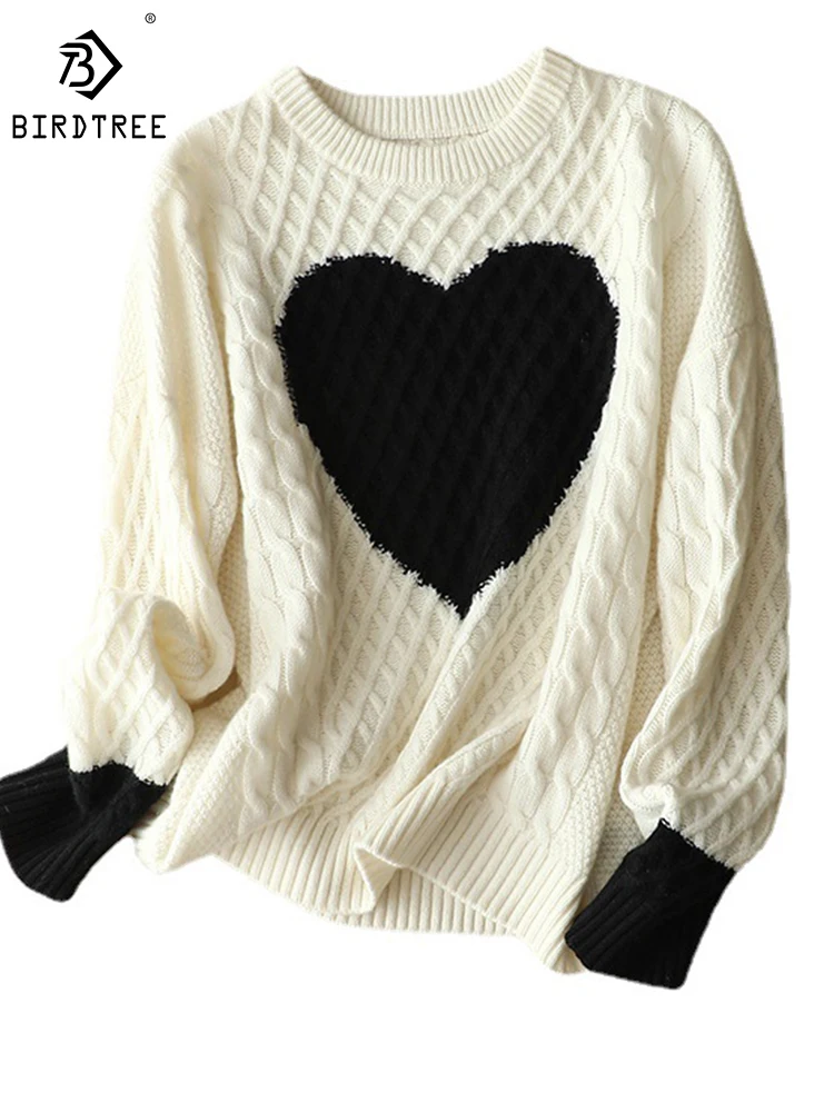 

Bordtree 100% Cashmere Winter Contrast Loose Neck Pullover Love Heart Thick Knit Loose Simple Commuter Sweater Woman T38819QD