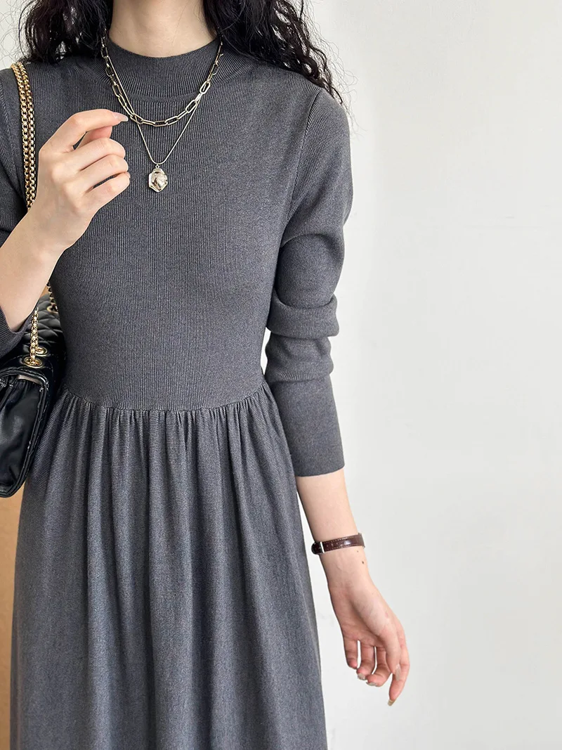 

Elegant Lady Solid Colour Half High Collar Commuter Dresses Temperament Slim Full Sleeve Long Dress Women's Casual A-line dress