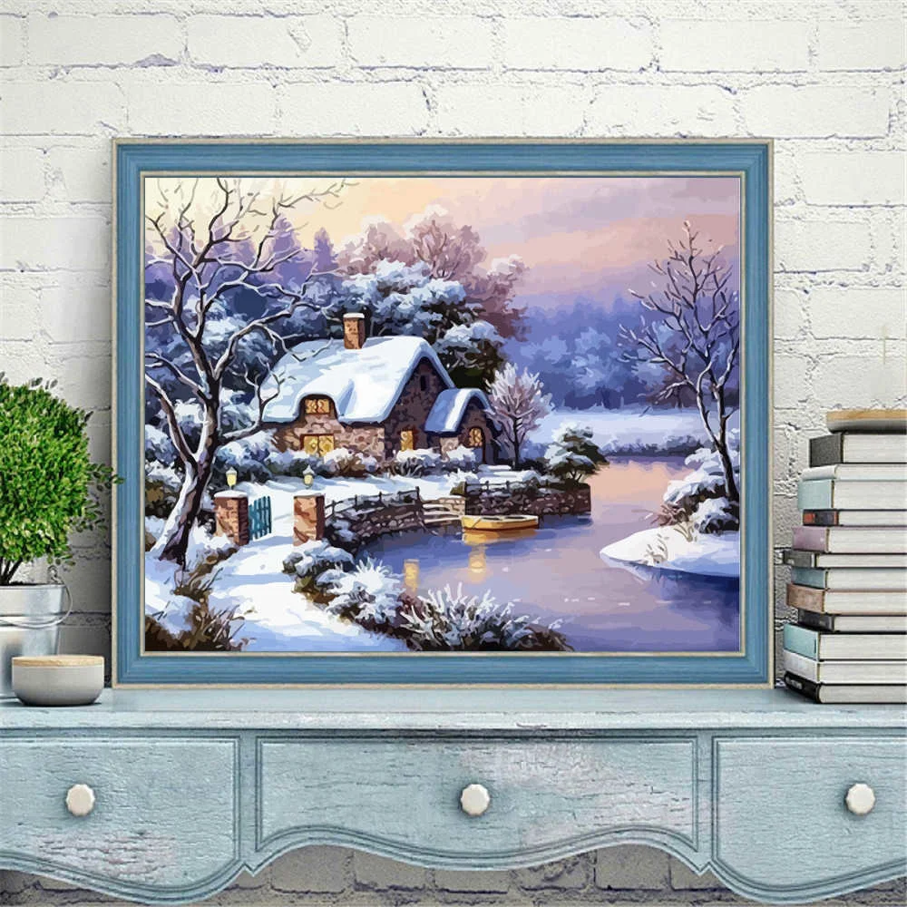 Description Picture 4 of itemHUACAN Paint By Number House Winter Drawing On Canvas HandPainted Painting Art Gift DIY Pictures By Number Snow Kits Home Decor