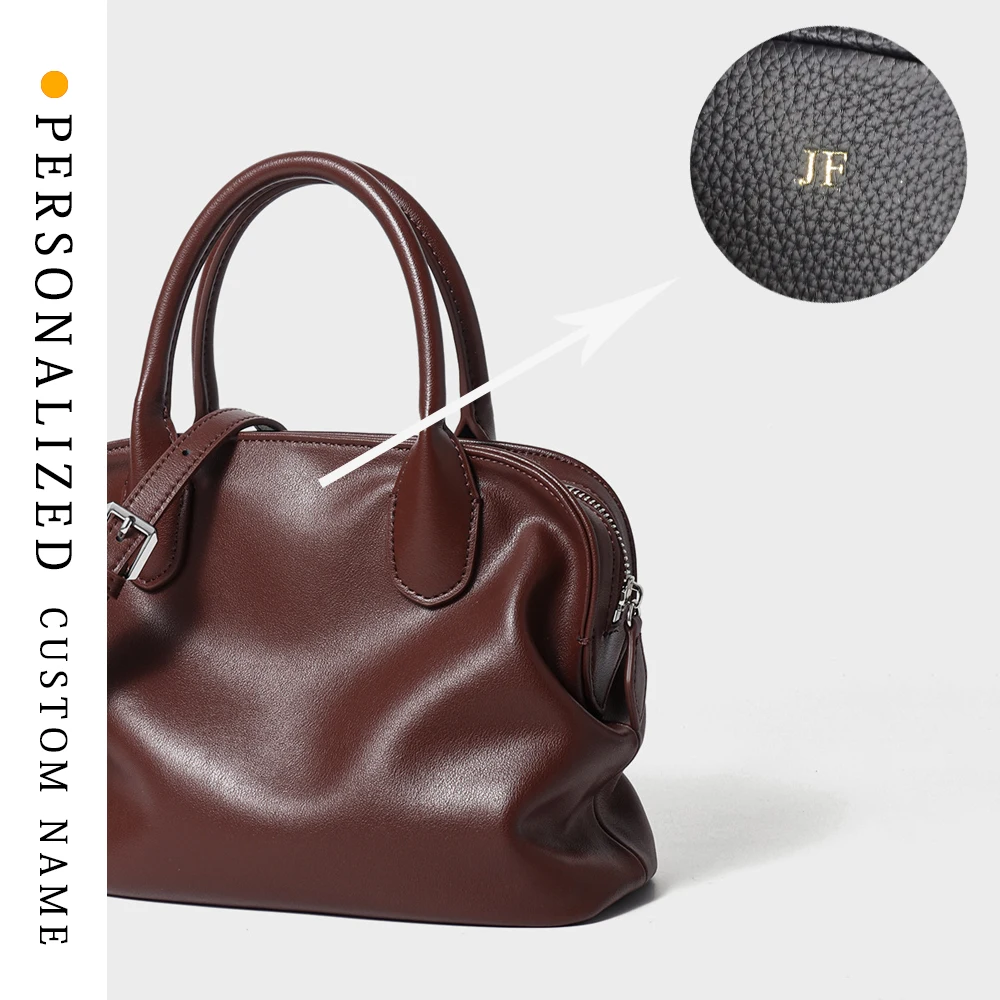 Unique Luxury Bowling Bag Genuine Leather Wrinkled Tote Large Capacity Commuter Crossbody Shell bag Purse Women Fashion Women's