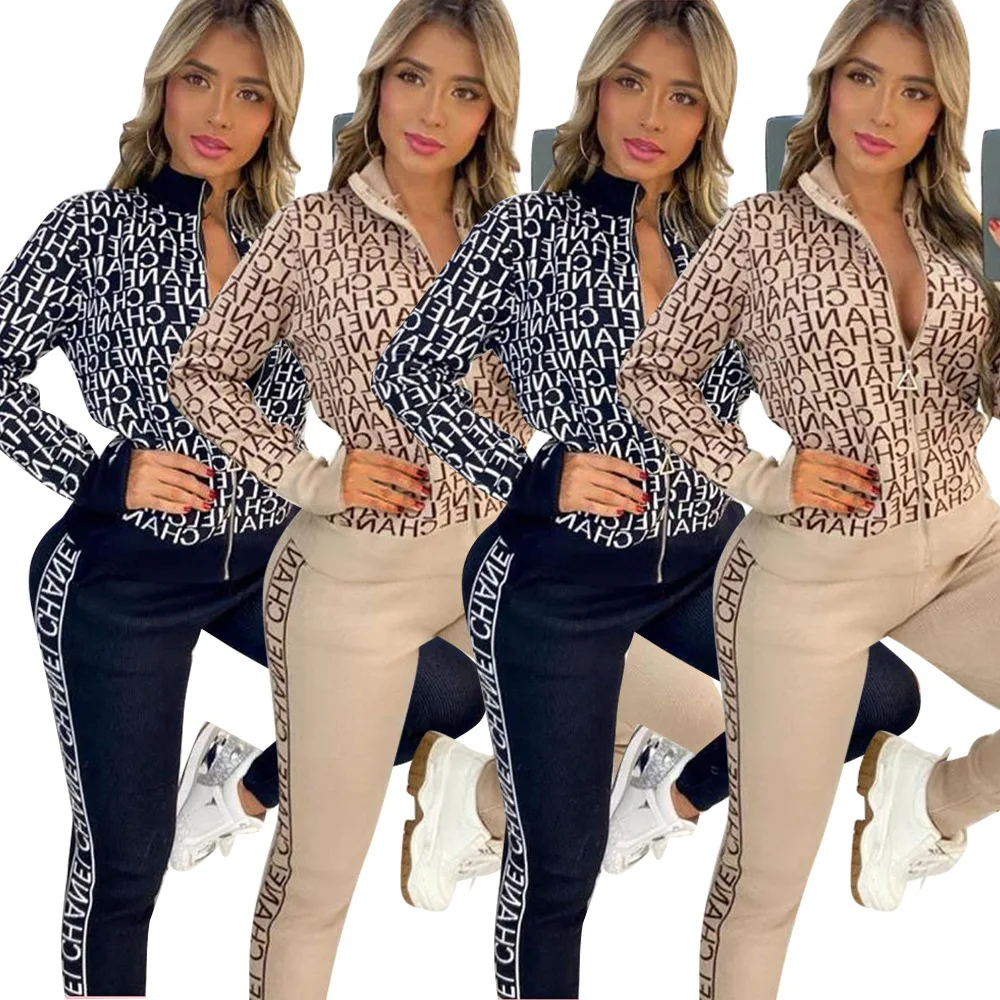 Spring and Autumn New Women's Dress Up Casual Temperament Suit Printing 2 Piece Long Sleeve Pants Zipper Jacket Street Fashion |