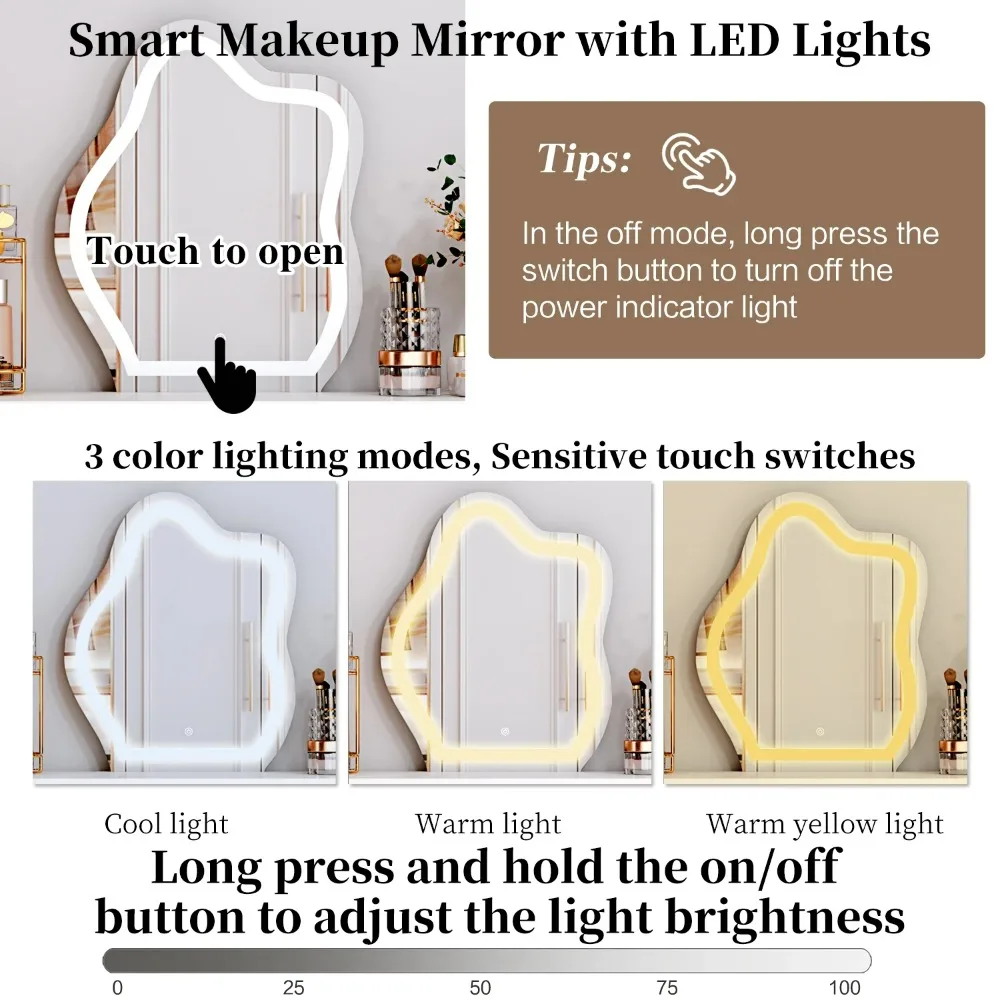 Vanity desk with mirror and lights, 3 Color Touch Screen Dimming Mirror, Adjustable Cabinet and 5 Sliding Drawers, Power Strip 4