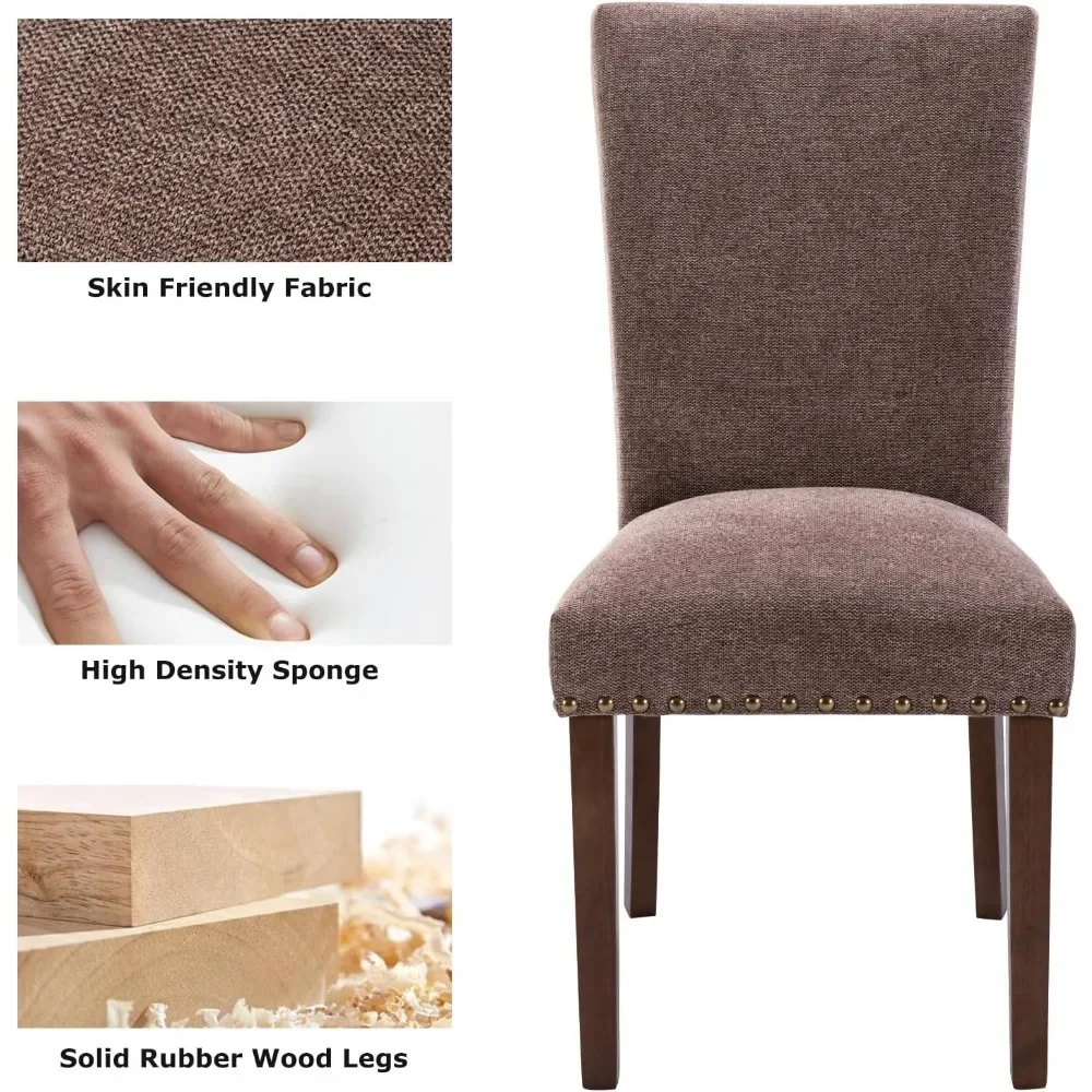 Fabric Parsons dining chair 6-piece set, fabric restaurant kitchen side chair with nail head trim and wooden legs-brown