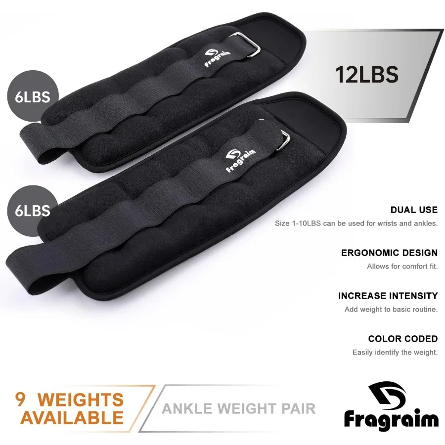 Ankle Weights for Women, Men and Kids 12Lbs Pair (6lb x 2) Black Strength Training Wrist/Leg/Arm Weight with Adjustable Strap fo