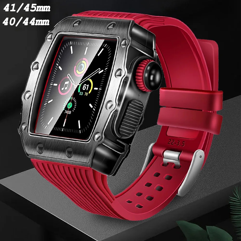 44 45mm Luxury Metal Case For Apple Watch 8 7 Silicone Band For iWatch