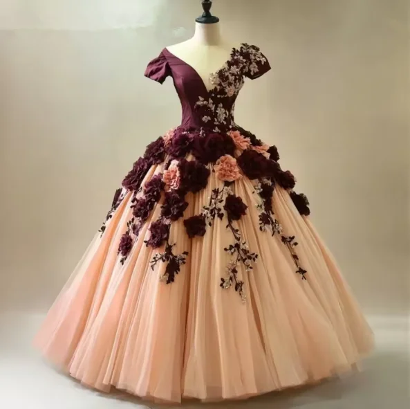 Flowers Ball Gown V-Neck Short Sleeves Victorian Masquerade Burgundy Party  Dress | eBay
