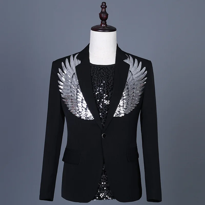 

Casual Men's Suit Jacket Black White Singer Stage Clothing Multi-colored Sequin Wings Dress Suit Coat Single Button Male Blazers