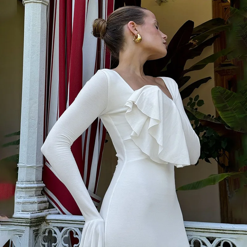 Vestido largo de otoño con volantes para mujer, elegante vestido de fiesta de retazos con cintura alta y manga larga para desplazamientos diarios, ropa femenina