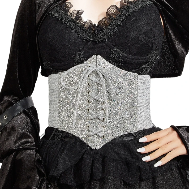 Blingbling Corset Belt Waistband for Women Elastic Costume Waist Belt Sexy Glitter Women Underbust Lace Up Tops
