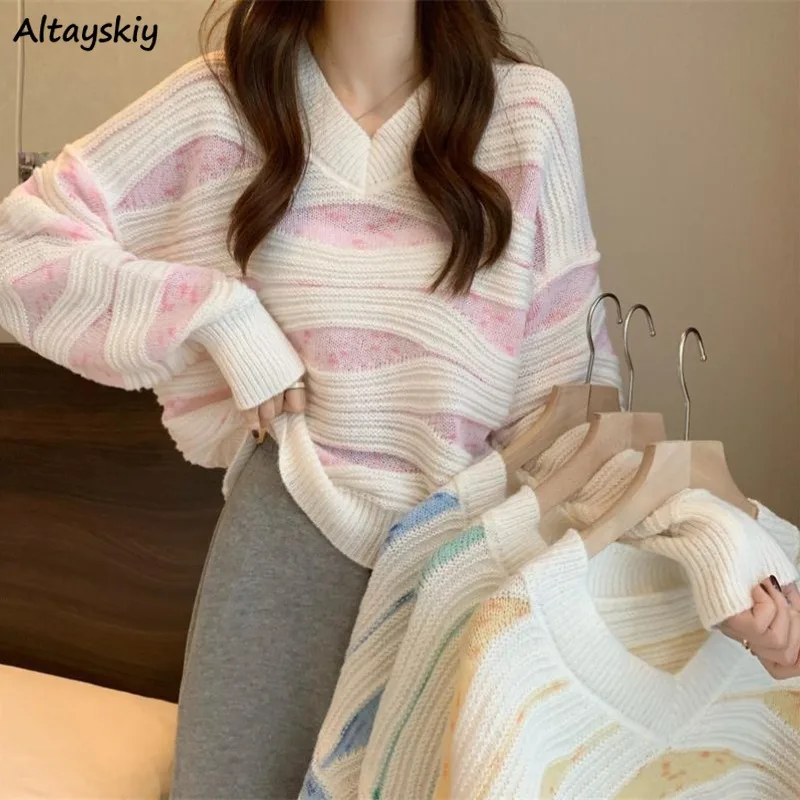 

Striped Pullovers V-neck Knitted Preppy Style Slouchy Baggy Clothes Sweet Girl Korean Fashion All-match Y2k Sweater Cozy Tender