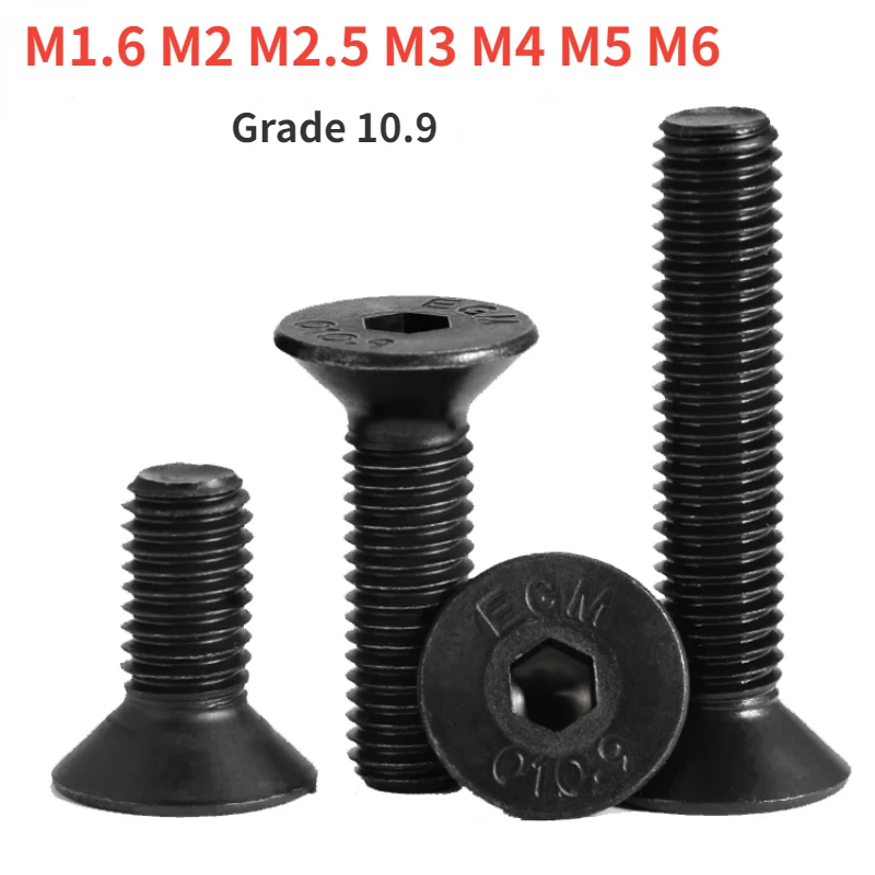 

M1.6 M2 M2.5 M3 M4 M5 M6 Black Grade 10.9 Steel Hexagon Hex Socket Head Flat Countersunk Bolt Screw Length 3-60mm