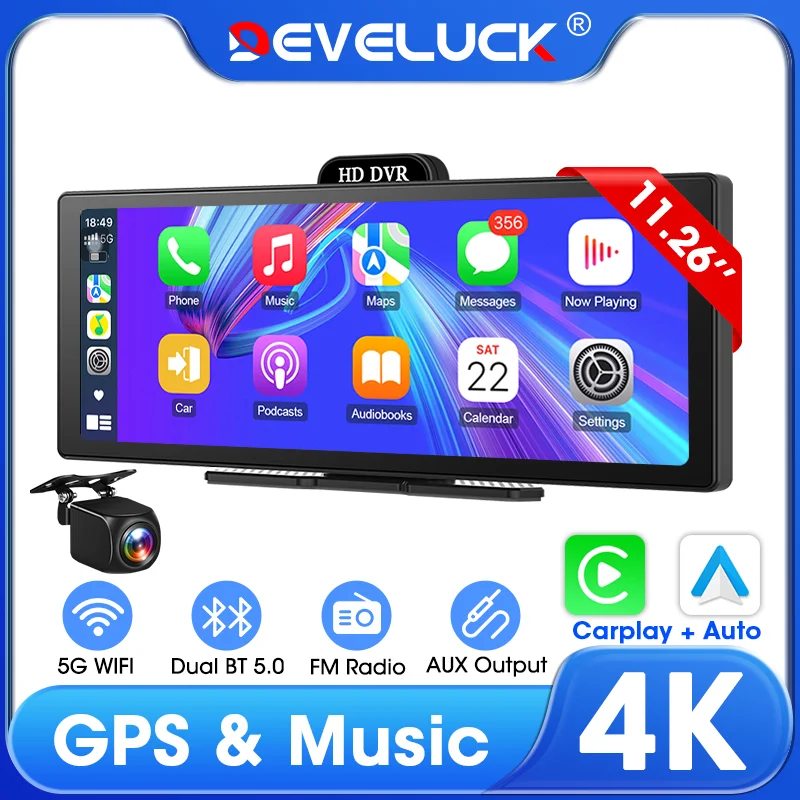 Develuck nuevo 11,26 ''4K coche DVR inalámbrico CarPlay Android Auto reproductor Multimedia IPS pantalla táctil Bluetooth grabadora de vídeo FM AUX 1