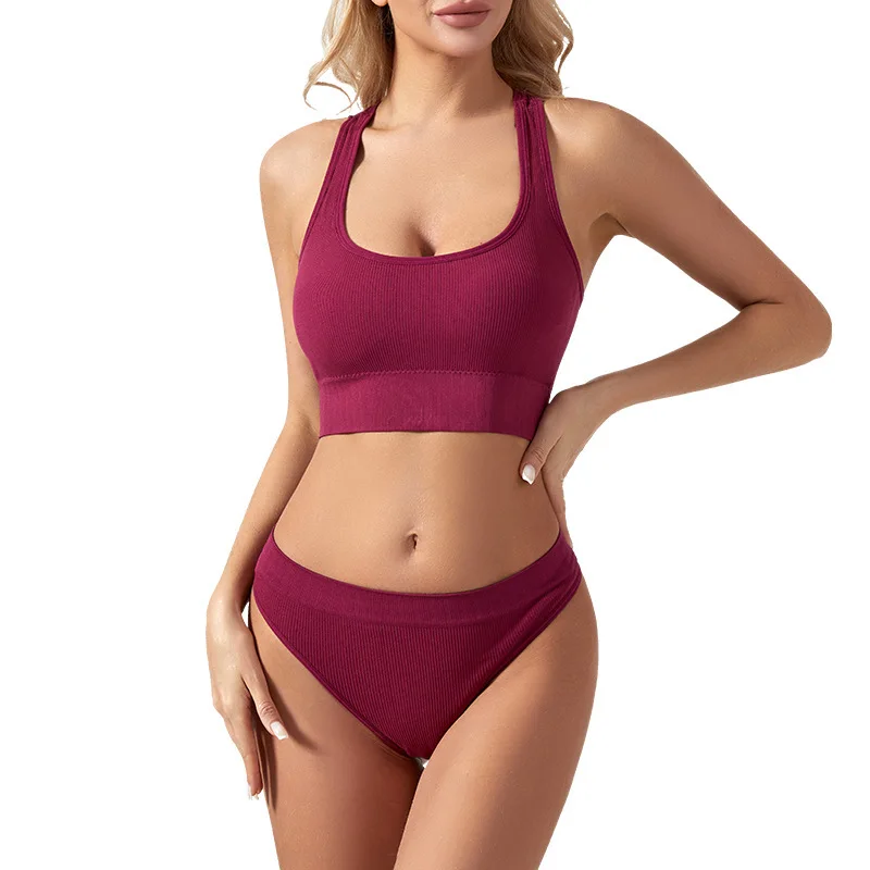 Large Size Women Running Bra Set Chest Gathering Lingerie Fixed Shoulder Straps Exercise Yoga Fitness Triangle Pants Set